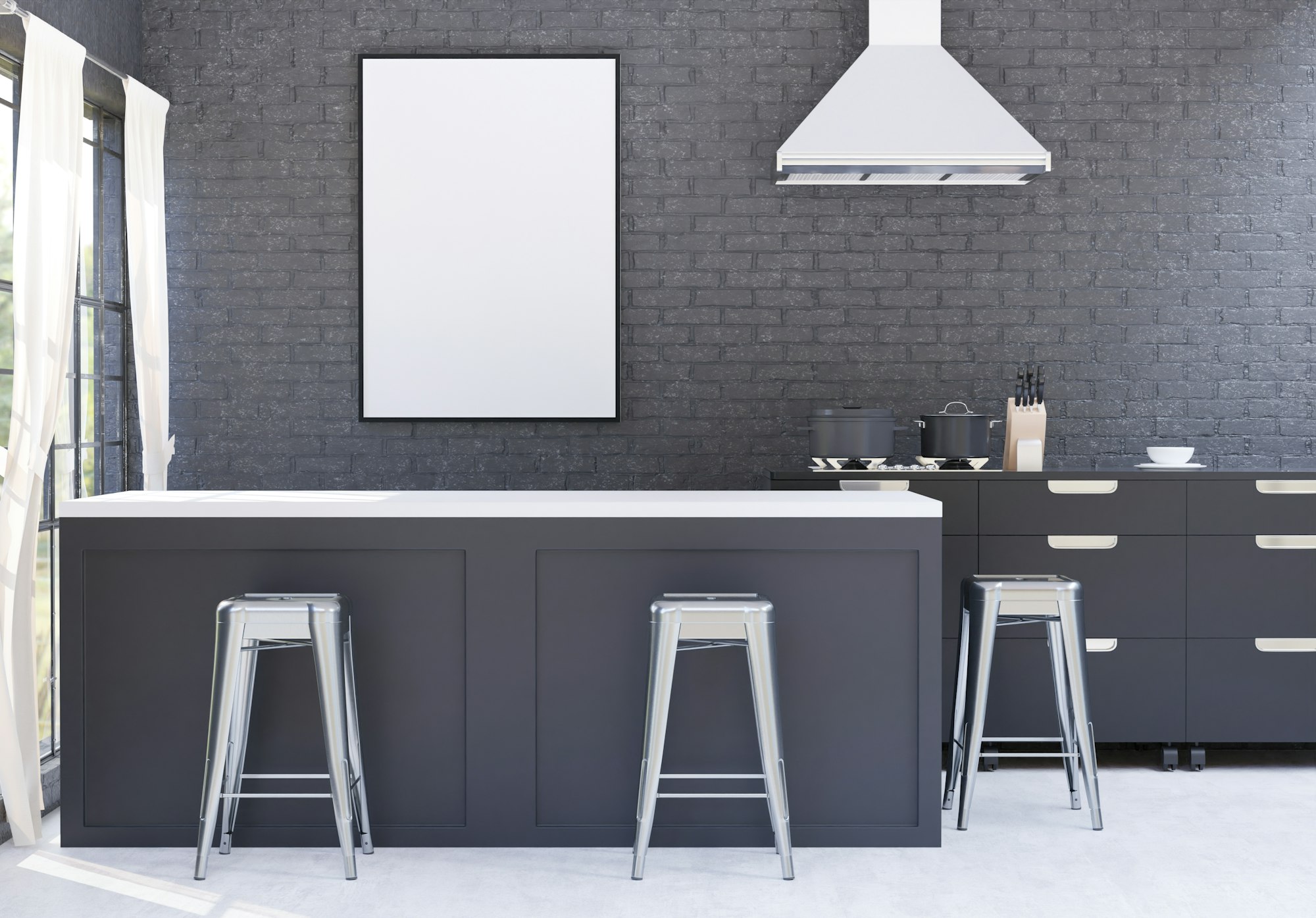 3D Mockup photo frame in Modern interior of kitchen