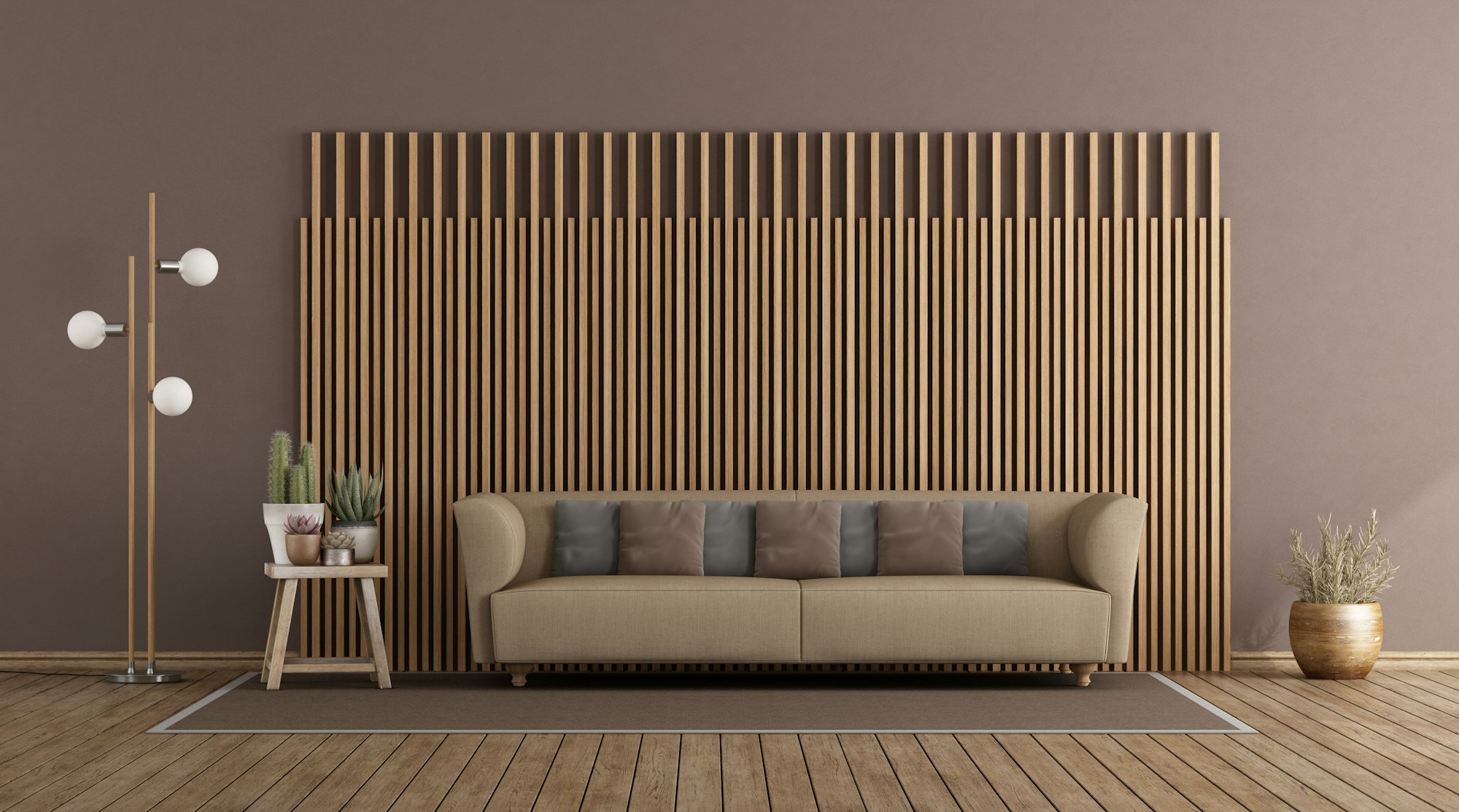 Living room with sofa and wooden paneling