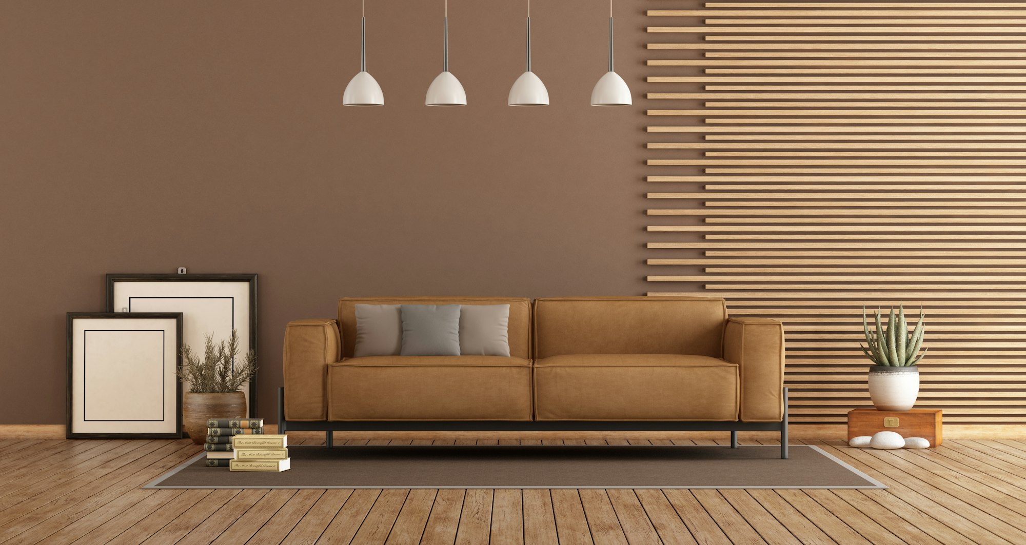 Modern Living room with sofa and wooden paneling